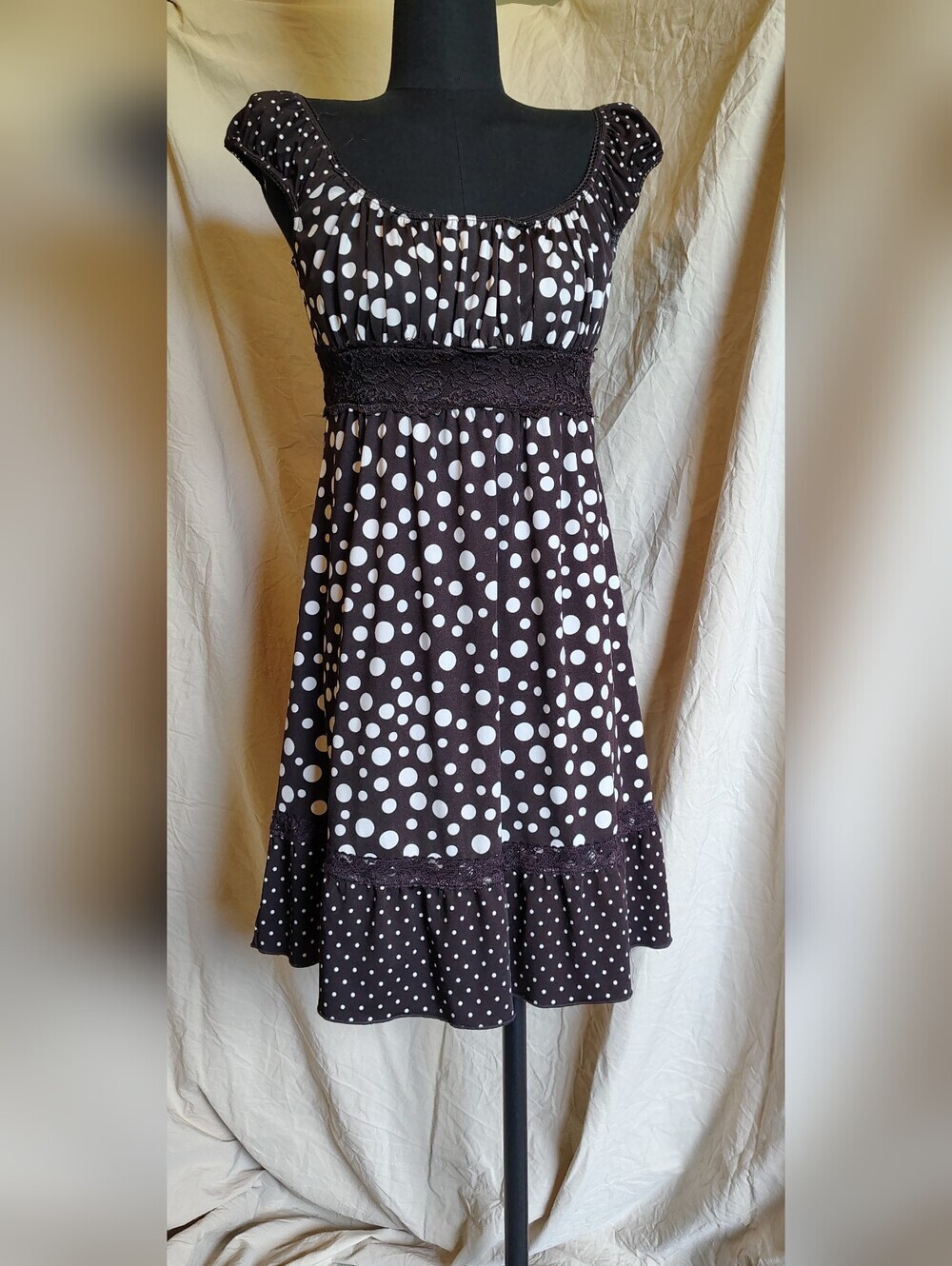 Heart Soul Chocolate Brown & White Polka Dot Retro Lace Trim Empire Waist Dress